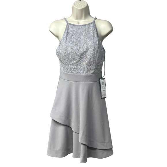 Speechless Juniors' Sparkle-Embellished Halter Dress, Gray/Silver, Sz. 7 - Picture 1 of 13